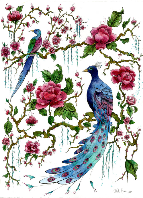 Blue peacock & Blossoms